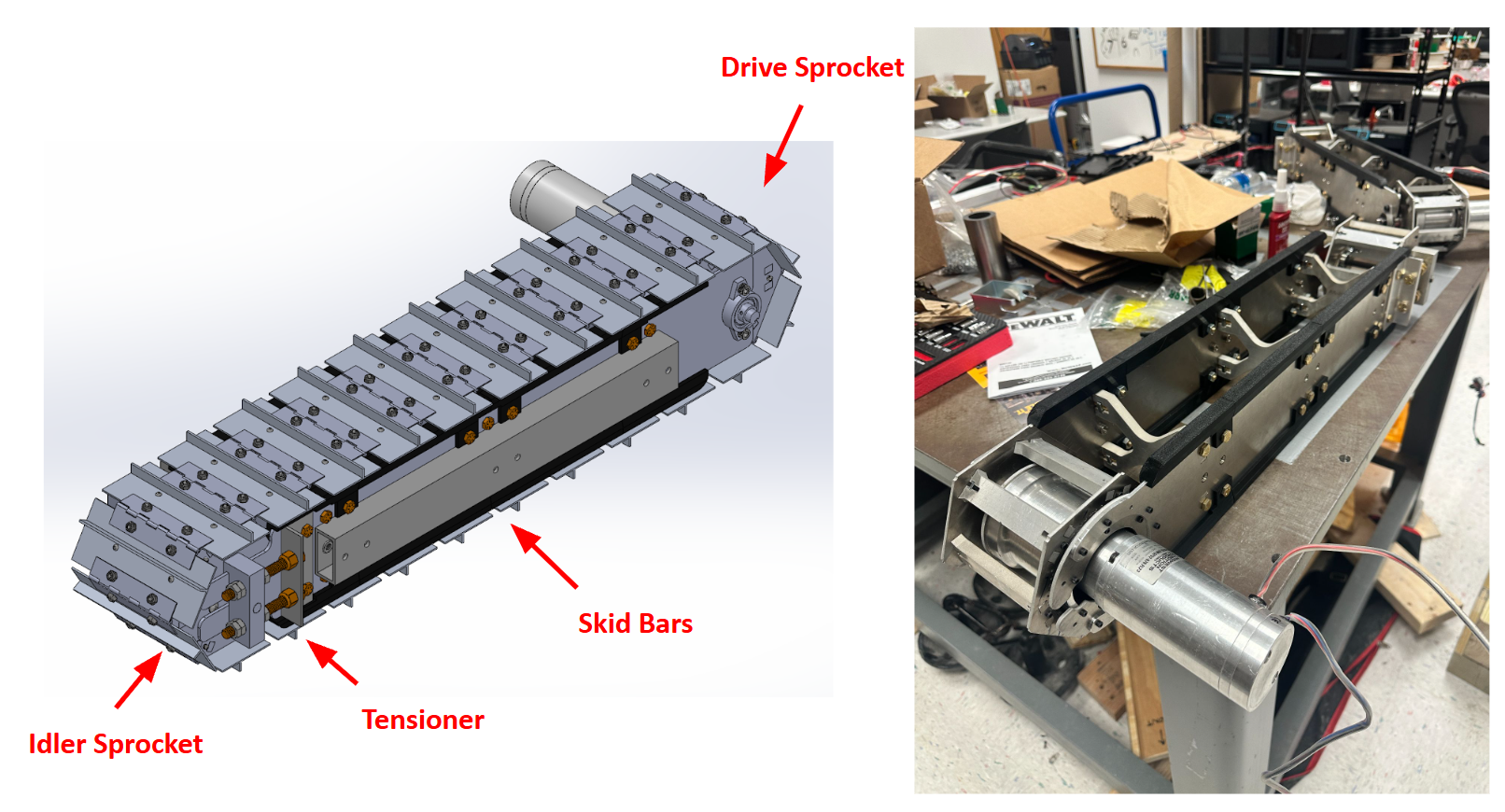 CAD model and manufactured tracked rover drivetrain